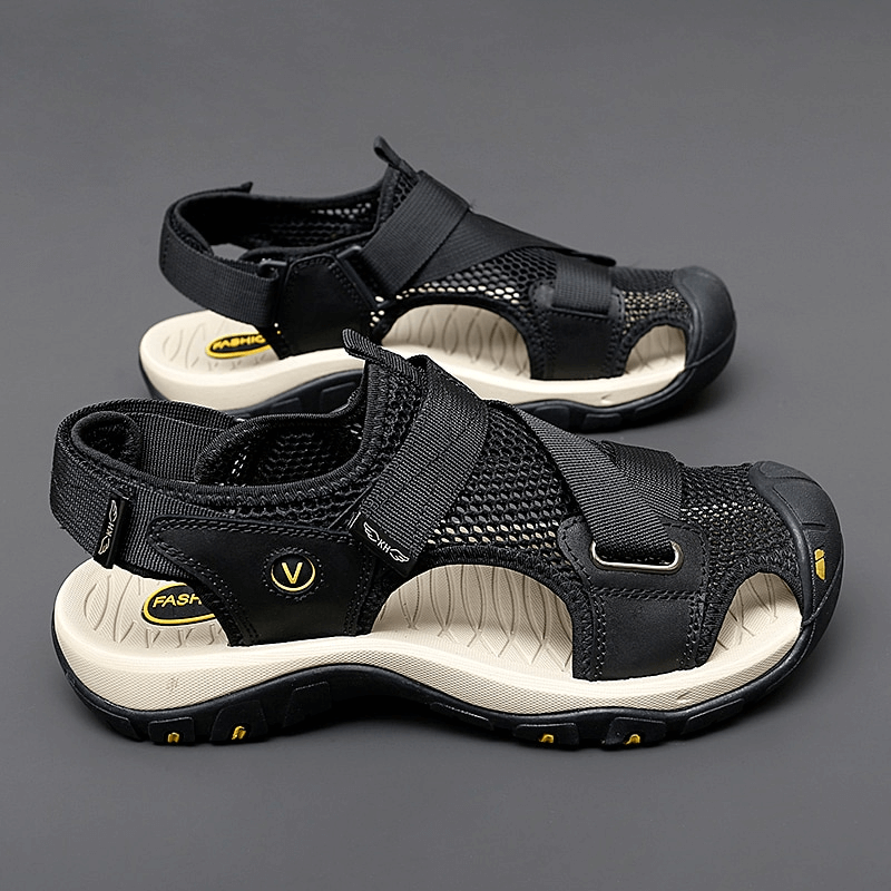 Outdoor mesh breathable sandals with Velcro closure, PU leather insole, rubber outsole, and solid pattern. Perfect for active use.